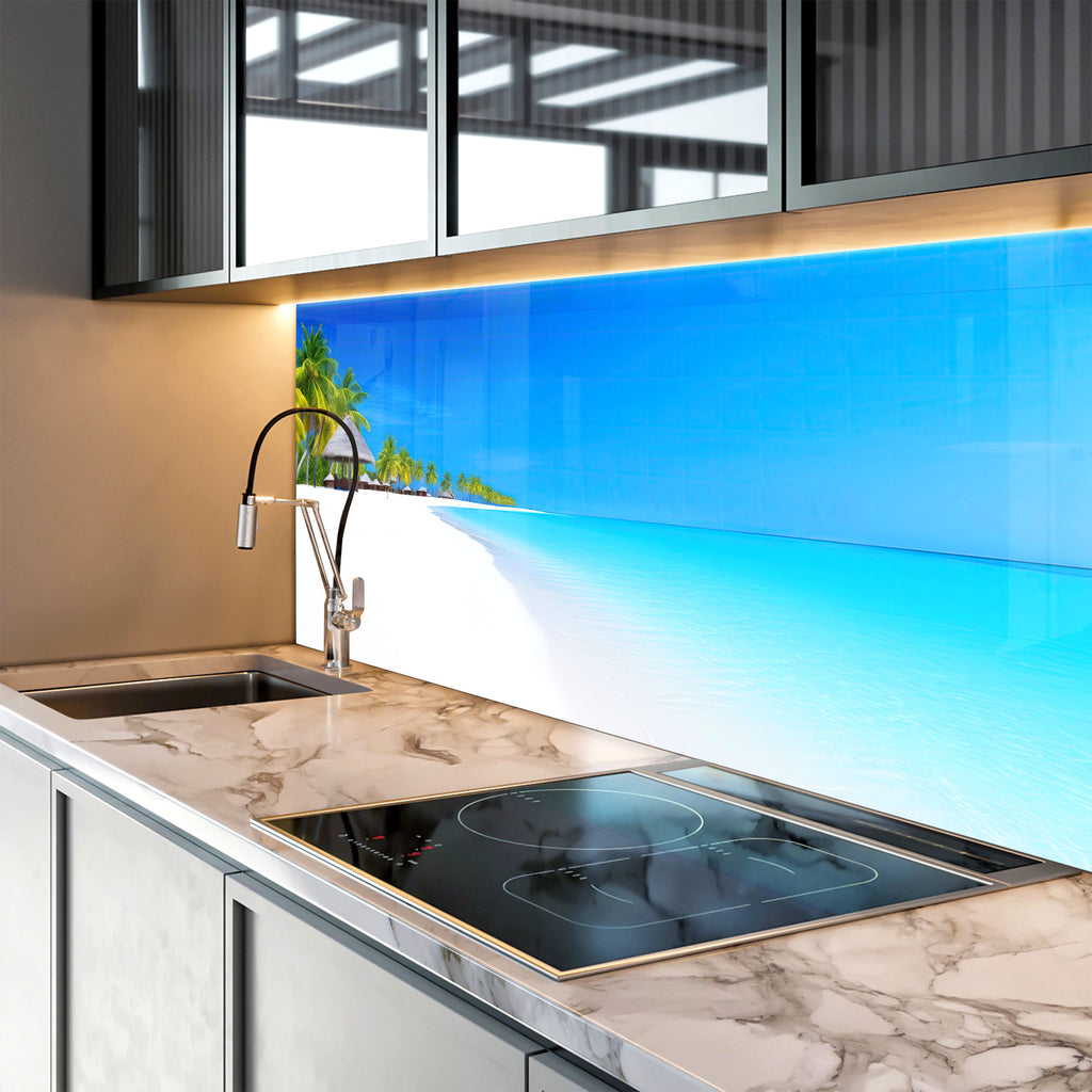 Tropical White Sand Beach Wall Art – Tempered Glass Bathroom Backsplash-BacksplashArtworks