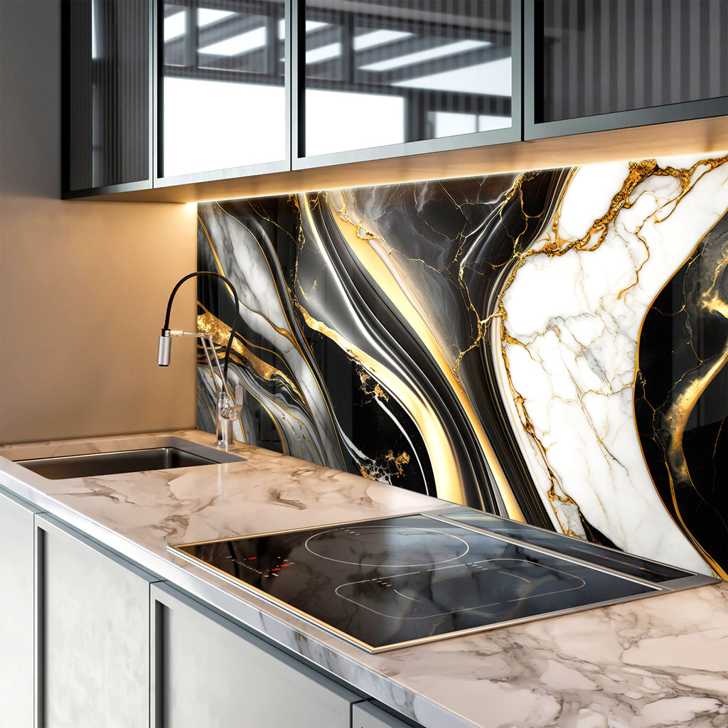 Black & Gold Marble Swirl - Glass Kitchen Backsplash-BacksplashArtworks