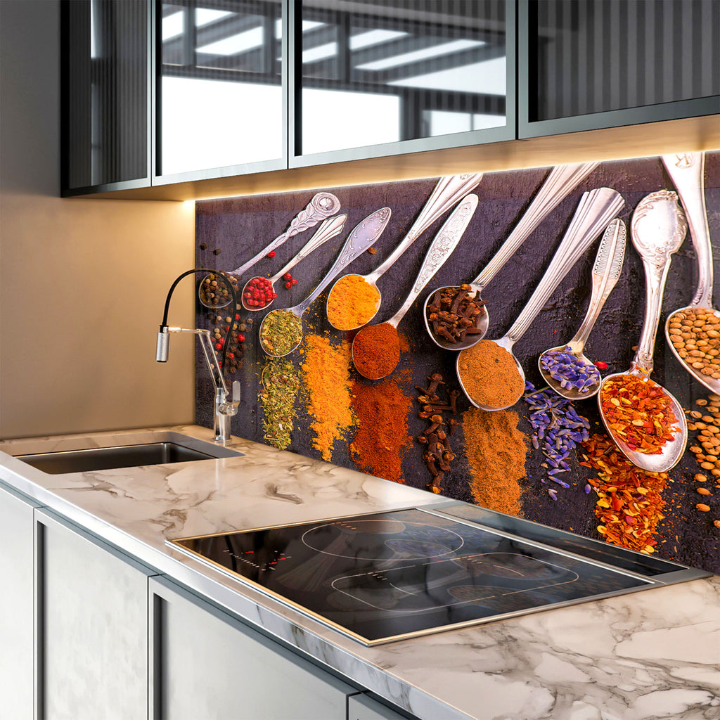 Royal Spice Elegance - Glass Kitchen Backsplash-BacksplashArtworks