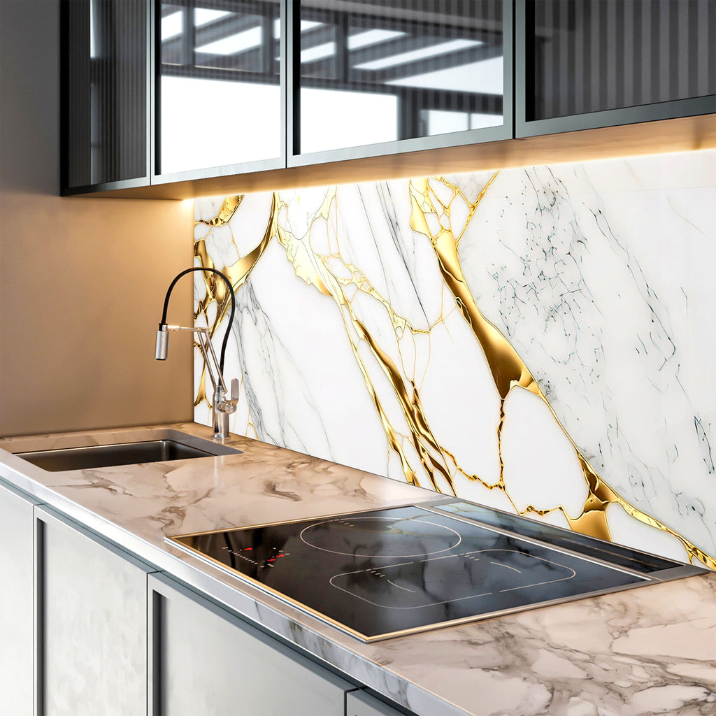 White & Gold Marble Elegance - Glass Kitchen Backsplash-BacksplashArtworks