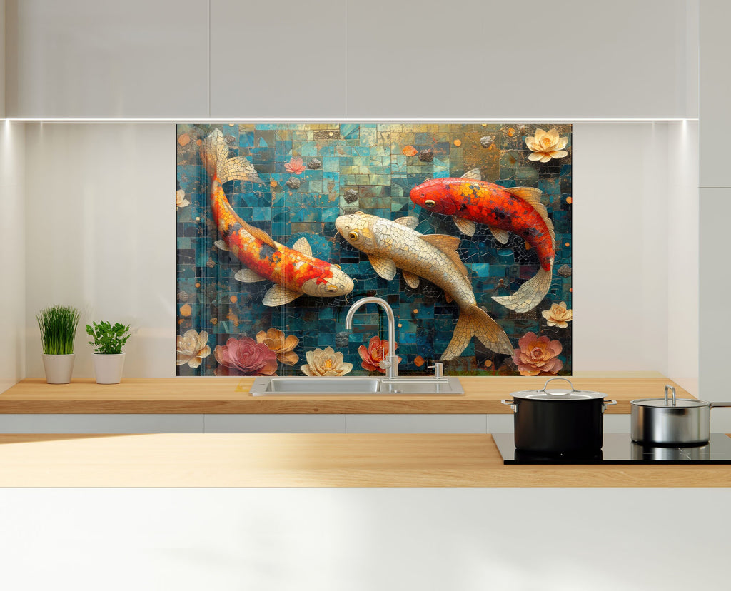 Mosaic Tempered Glass Kitchen Backsplash with Koi Fish and Floral Design-BacksplashArtworks