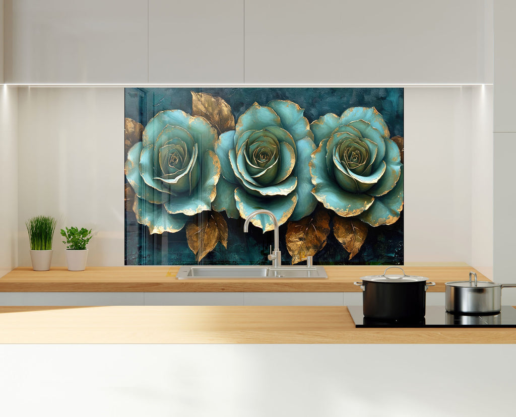 Golden Teal Roses - Glass Kitchen Backsplash-BacksplashArtworks