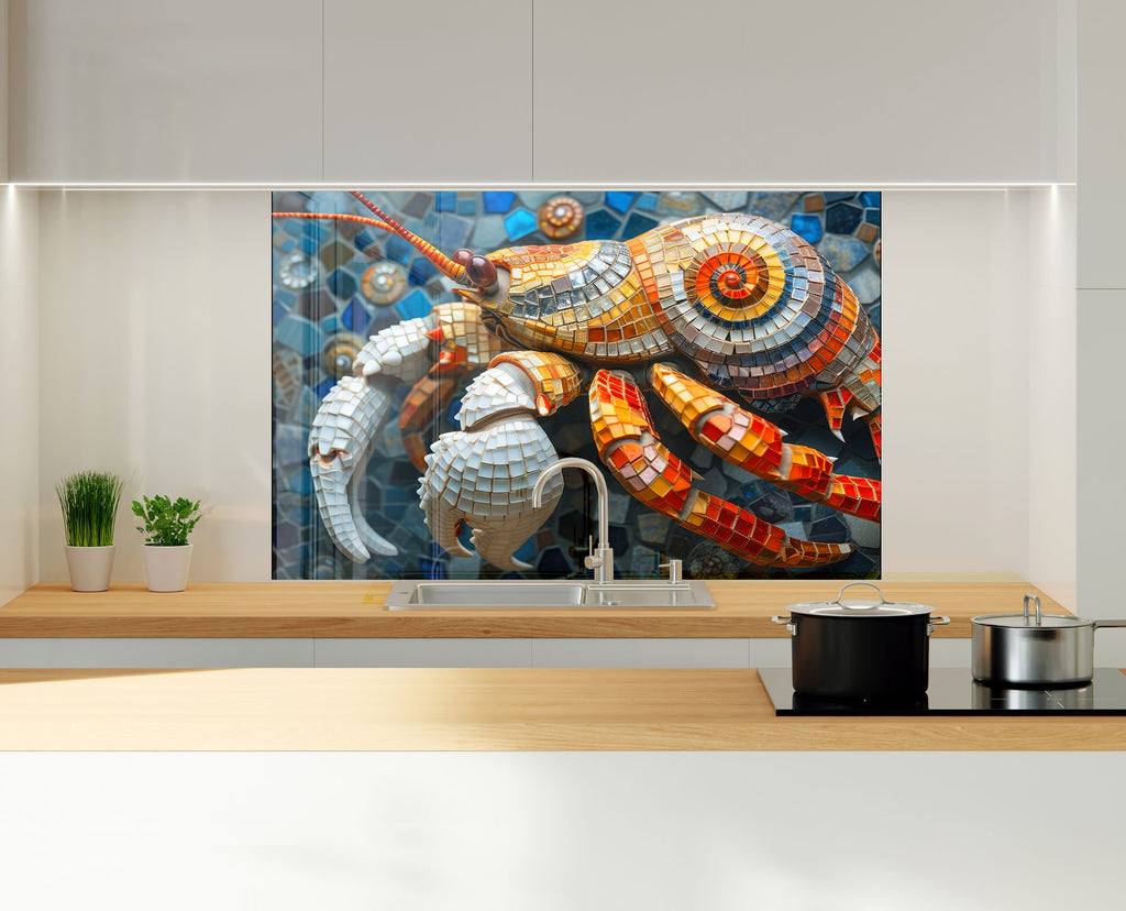 Mosaic Tempered Glass Kitchen Backsplash with Colorful Crab Design-BacksplashArtworks