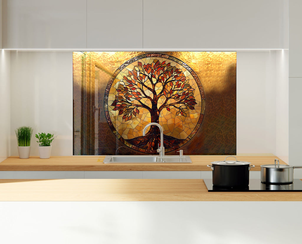 Amber Tree of Life - Glass Kitchen Backsplash-BacksplashArtworks