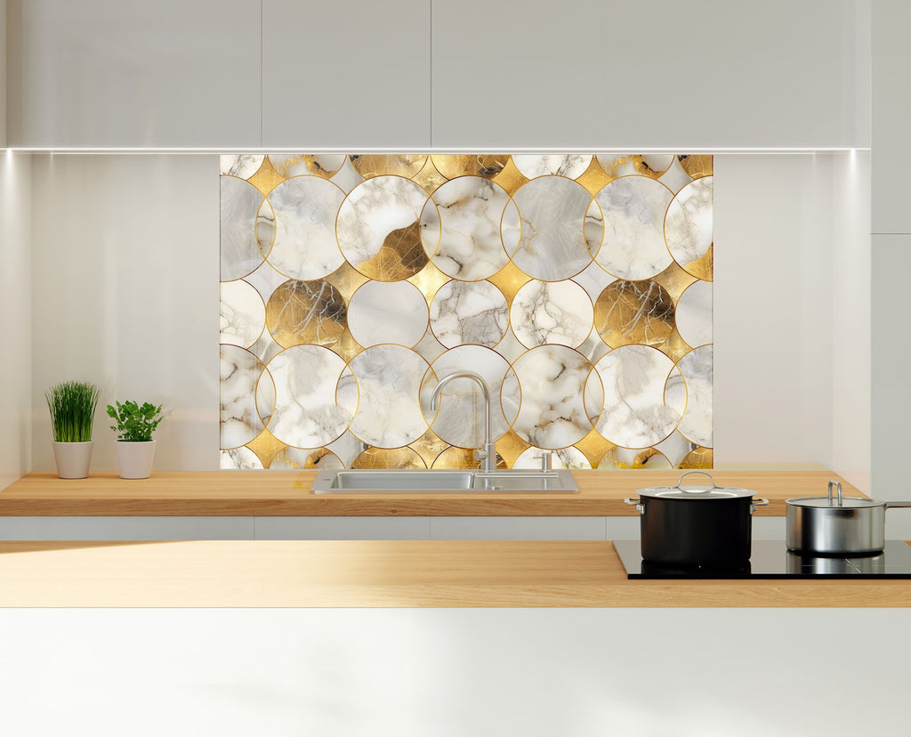 Gold Geometric Marble - Glass Kitchen Backsplash-BacksplashArtworks