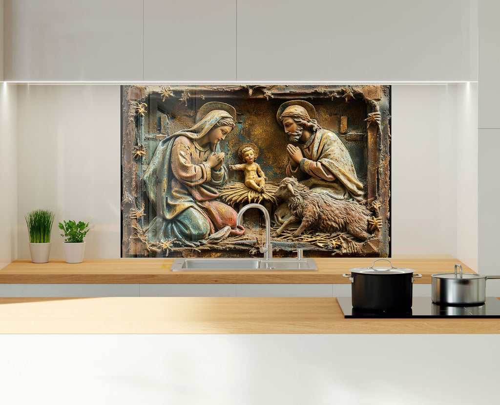 Holy Nativity Scene - Glass Kitchen Backsplash-BacksplashArtworks