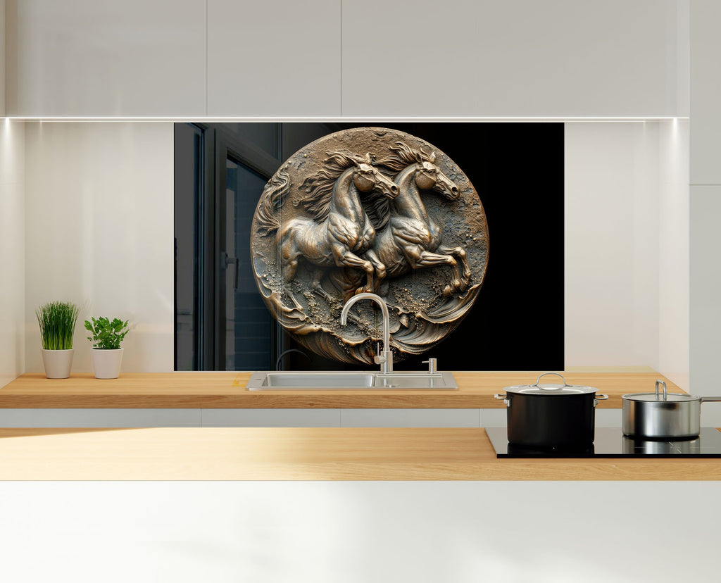 Black Horses - Tempered Glass Kitchen Backsplash-BacksplashArtworks