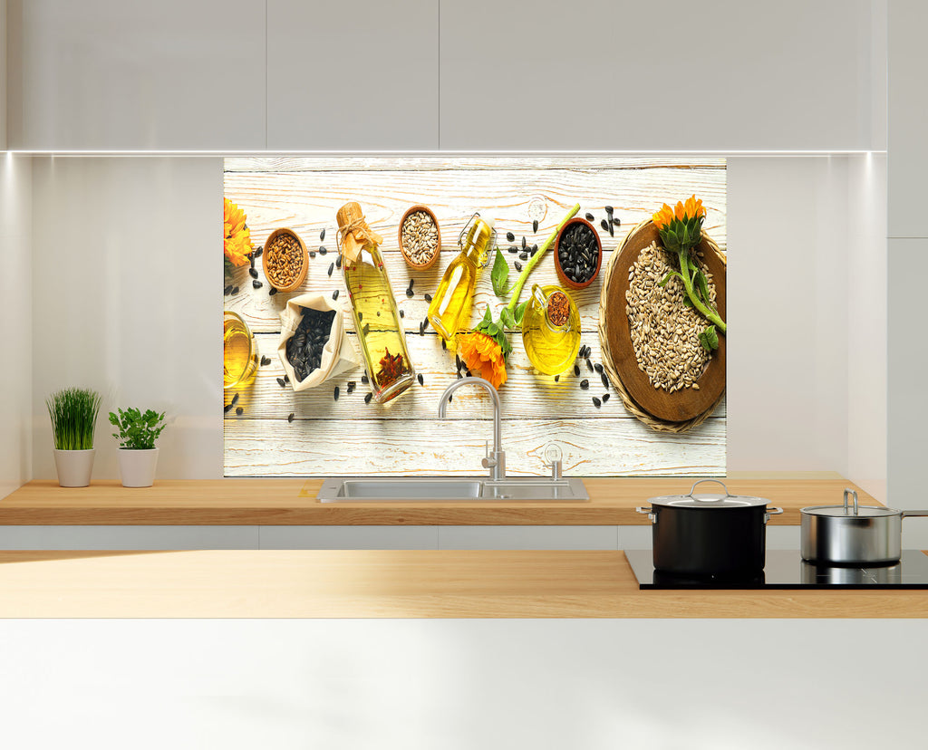 Sunflower Oil Harvest – Glass Kitchen Backsplash-BacksplashArtworks