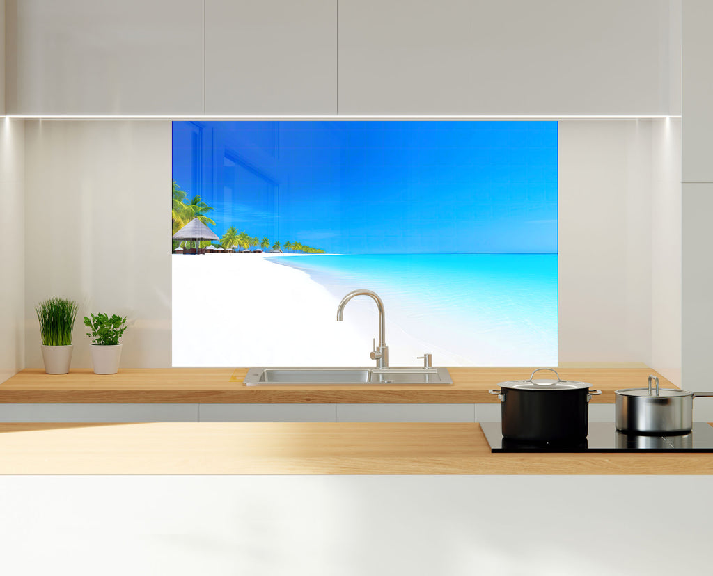 Tropical White Sand Beach Wall Art – Tempered Glass Bathroom Backsplash-BacksplashArtworks