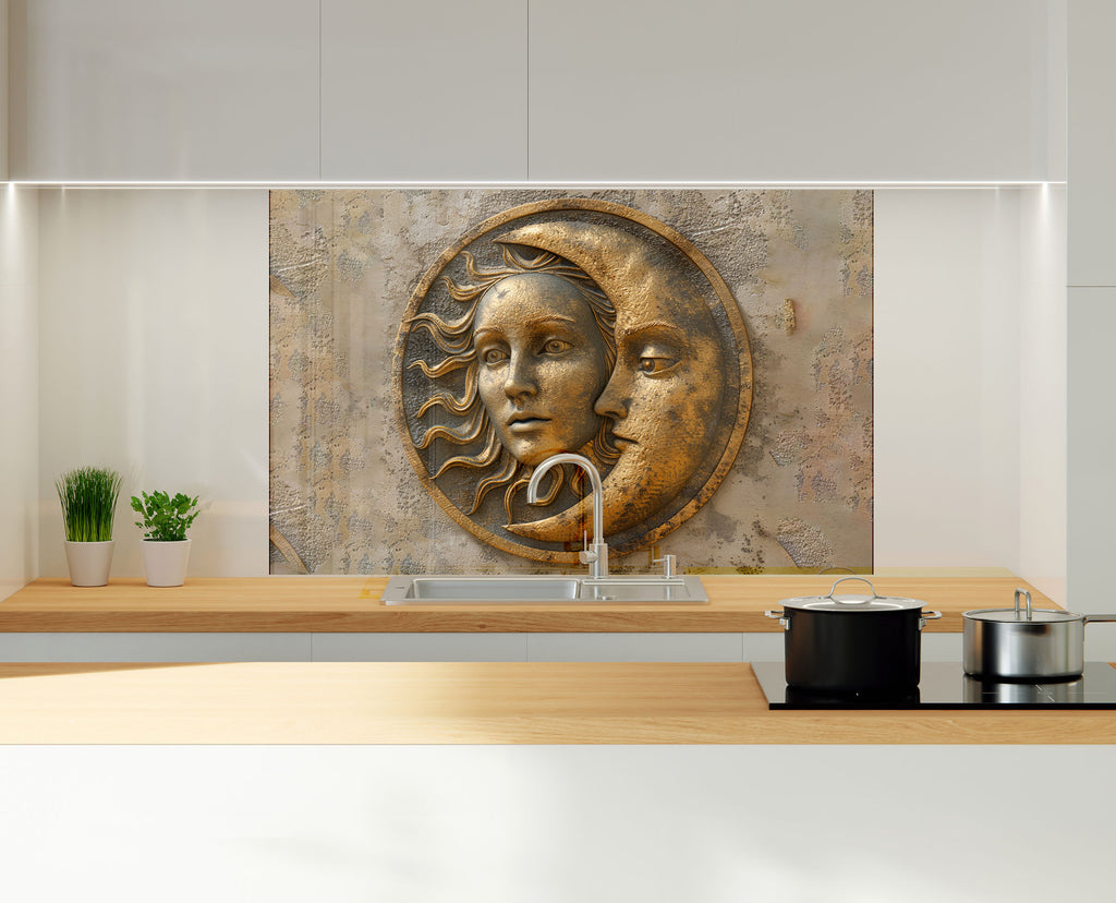 Moon & Sun Face Glass Kitchen Backsplash – Celestial Art Design-BacksplashArtworks