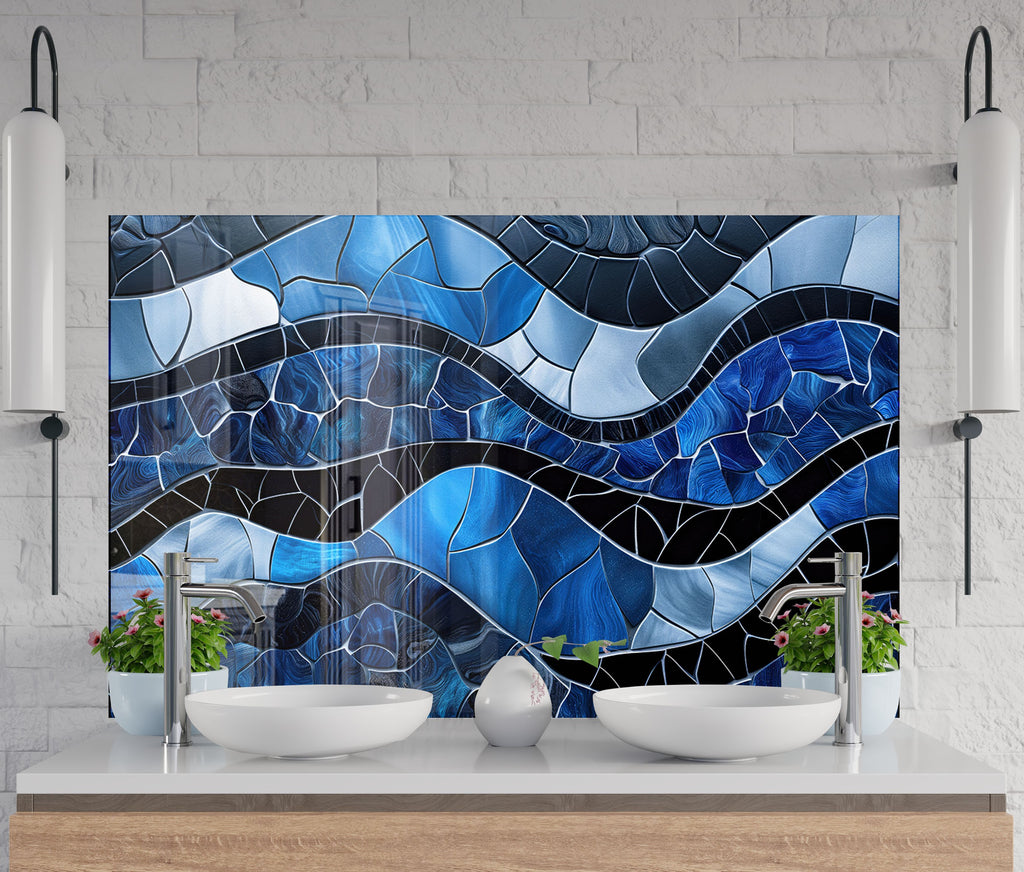 Mosaic Tempered Glass Kitchen Backsplash with Blue Wave Design-BacksplashArtworks