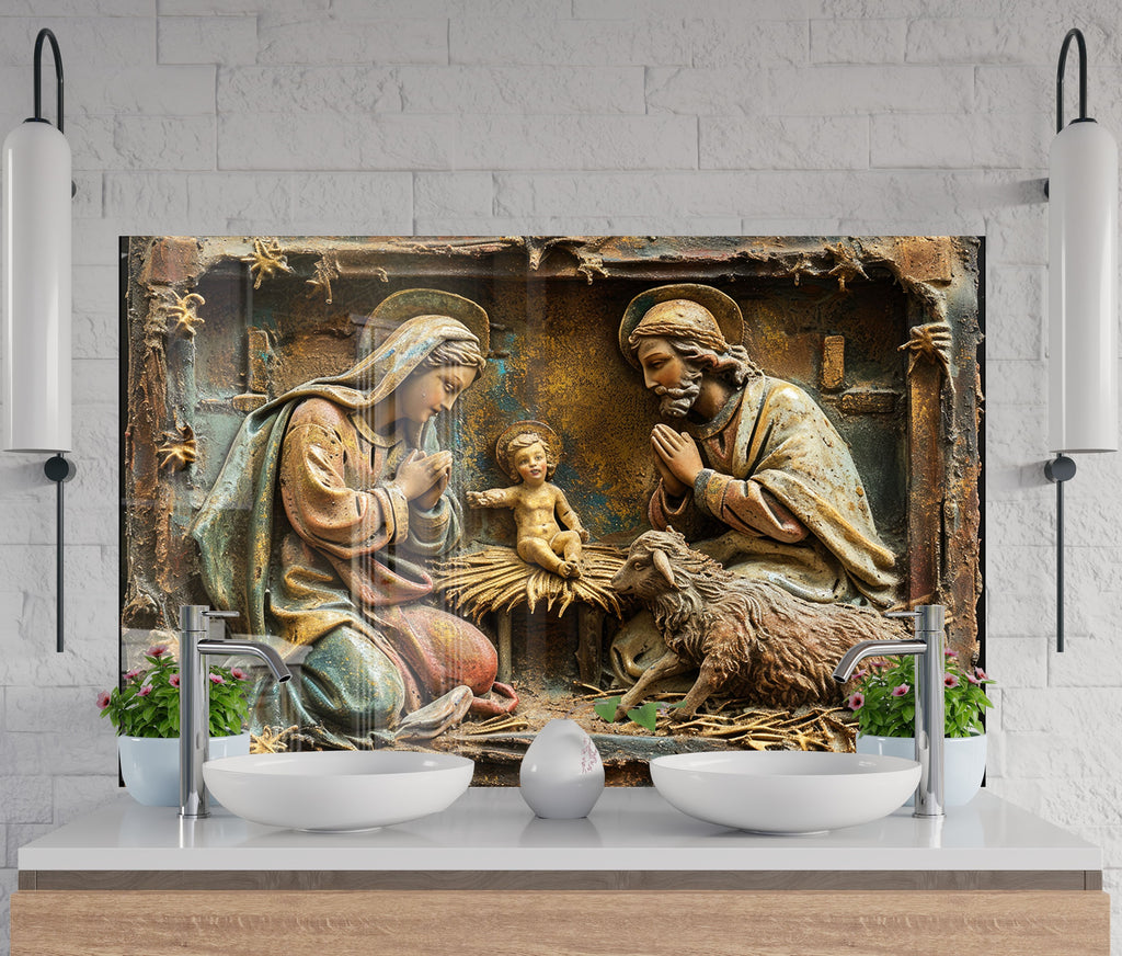 Holy Nativity Scene - Glass Kitchen Backsplash-BacksplashArtworks