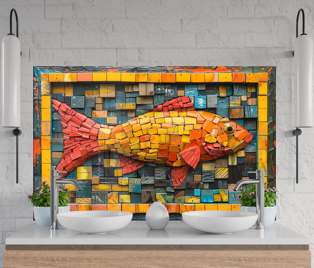 Vibrant Fish Mosaic Glass Kitchen Backsplash with Bold Color Design-BacksplashArtworks