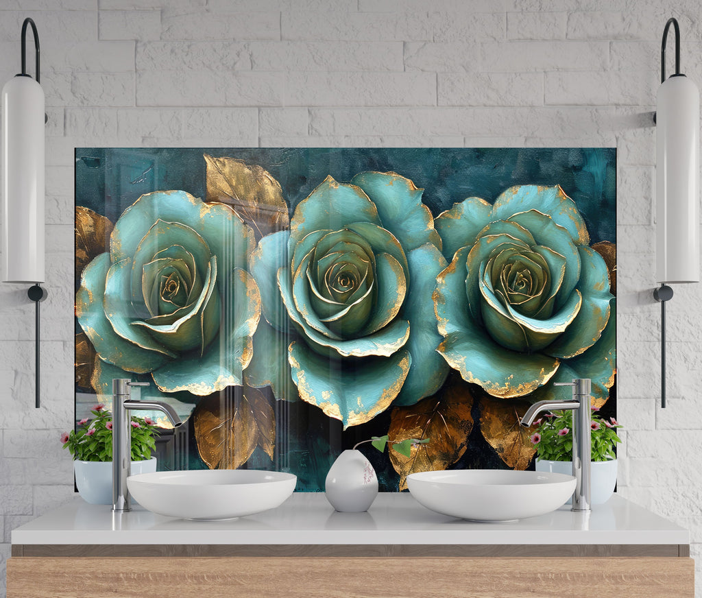 Golden Teal Roses - Glass Kitchen Backsplash-BacksplashArtworks