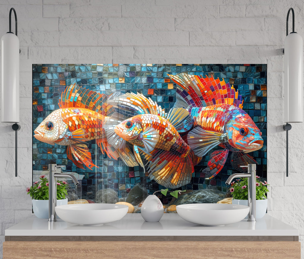 Mosaic Tempered Glass Kitchen Backsplash with Vibrant Fish Design-BacksplashArtworks