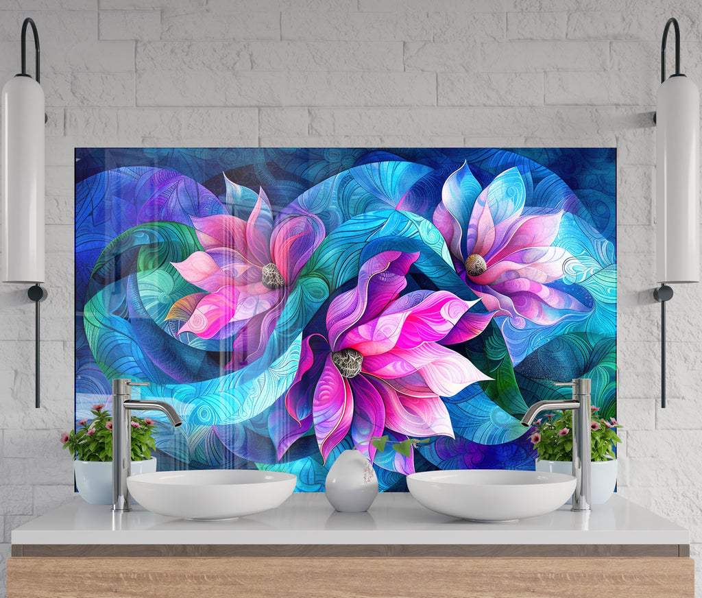Vibrant Floral Harmony - Glass Kitchen Backsplash-BacksplashArtworks