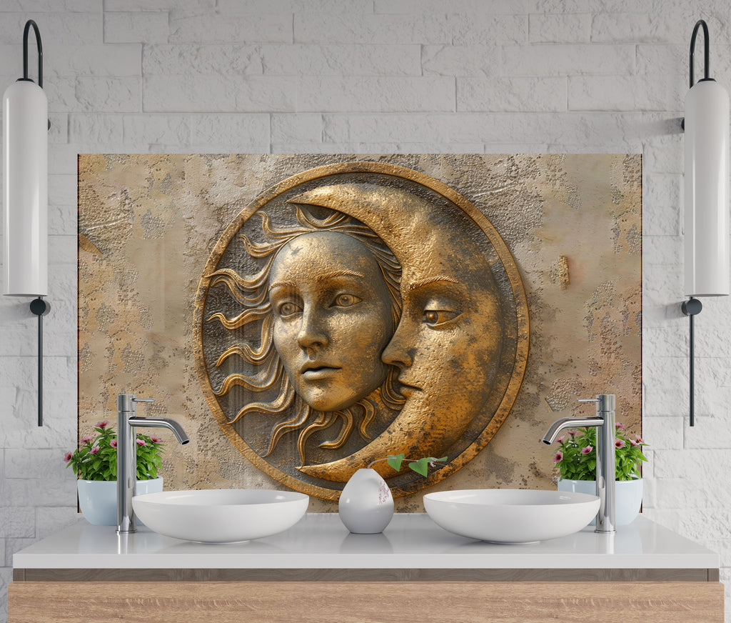 Moon & Sun Face Glass Kitchen Backsplash – Celestial Art Design-BacksplashArtworks