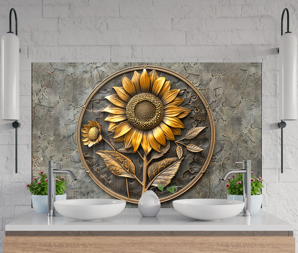Rustic Sunflower Emblem - Glass Kitchen Backsplash-BacksplashArtworks