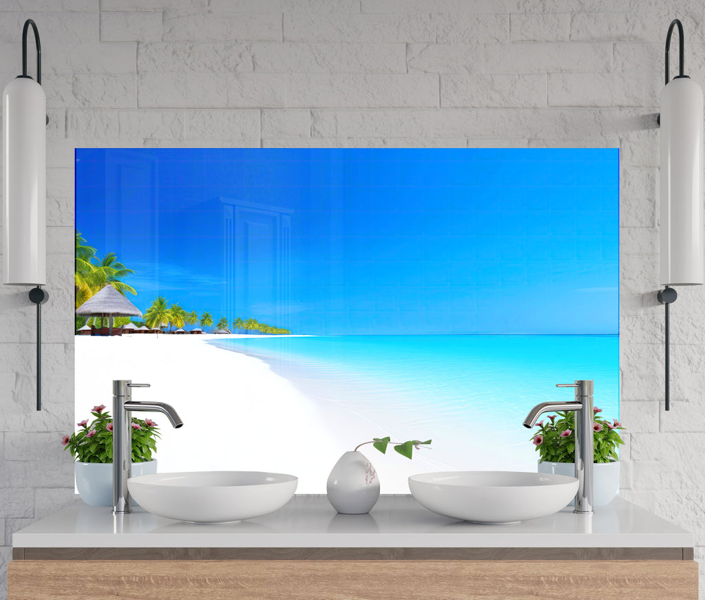 Tropical White Sand Beach Wall Art – Tempered Glass Bathroom Backsplash-BacksplashArtworks