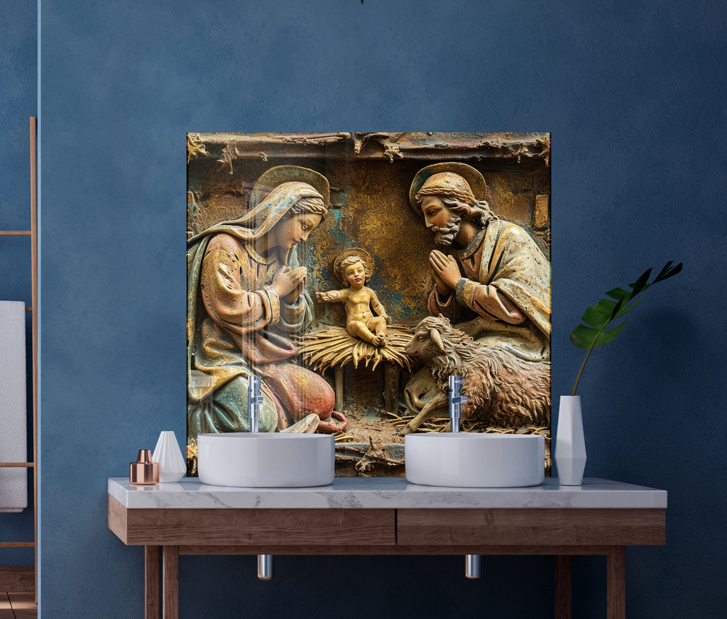 Holy Nativity Scene - Glass Kitchen Backsplash-BacksplashArtworks