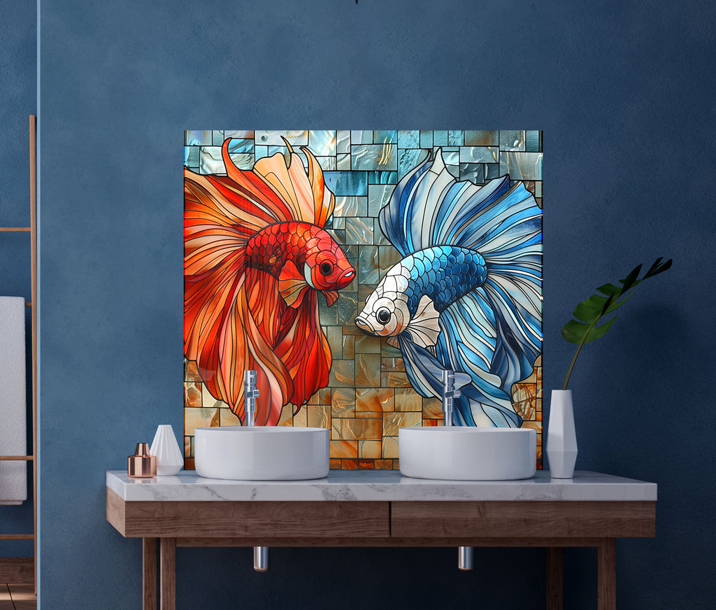 Mosaic Glass Kitchen Backsplash with Vibrant Fish Design-BacksplashArtworks