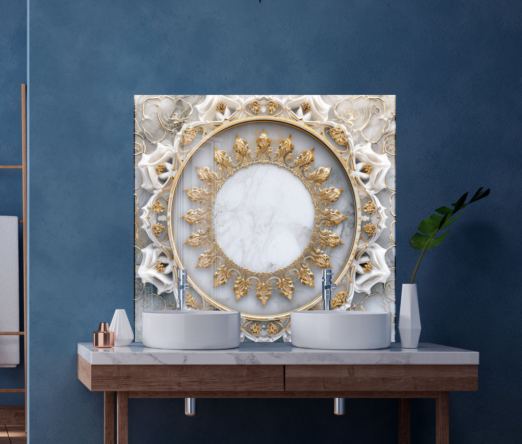 Luxury Marble & Gold Mandala - Glass Kitchen Backsplash-BacksplashArtworks