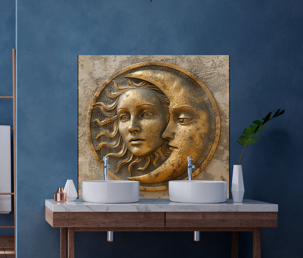 Moon & Sun Face Glass Kitchen Backsplash – Celestial Art Design-BacksplashArtworks