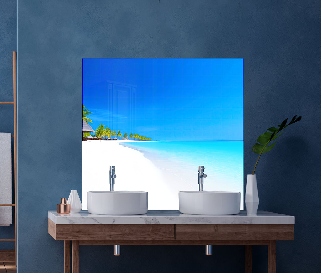 Tropical White Sand Beach Wall Art – Tempered Glass Bathroom Backsplash-BacksplashArtworks