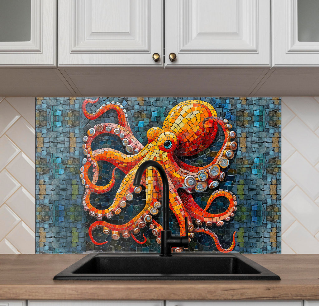 Mosaic Glass Kitchen Backsplash with Colorful Octopus Design-BacksplashArtworks