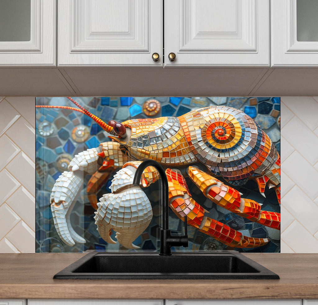 Mosaic Tempered Glass Kitchen Backsplash with Colorful Crab Design-BacksplashArtworks