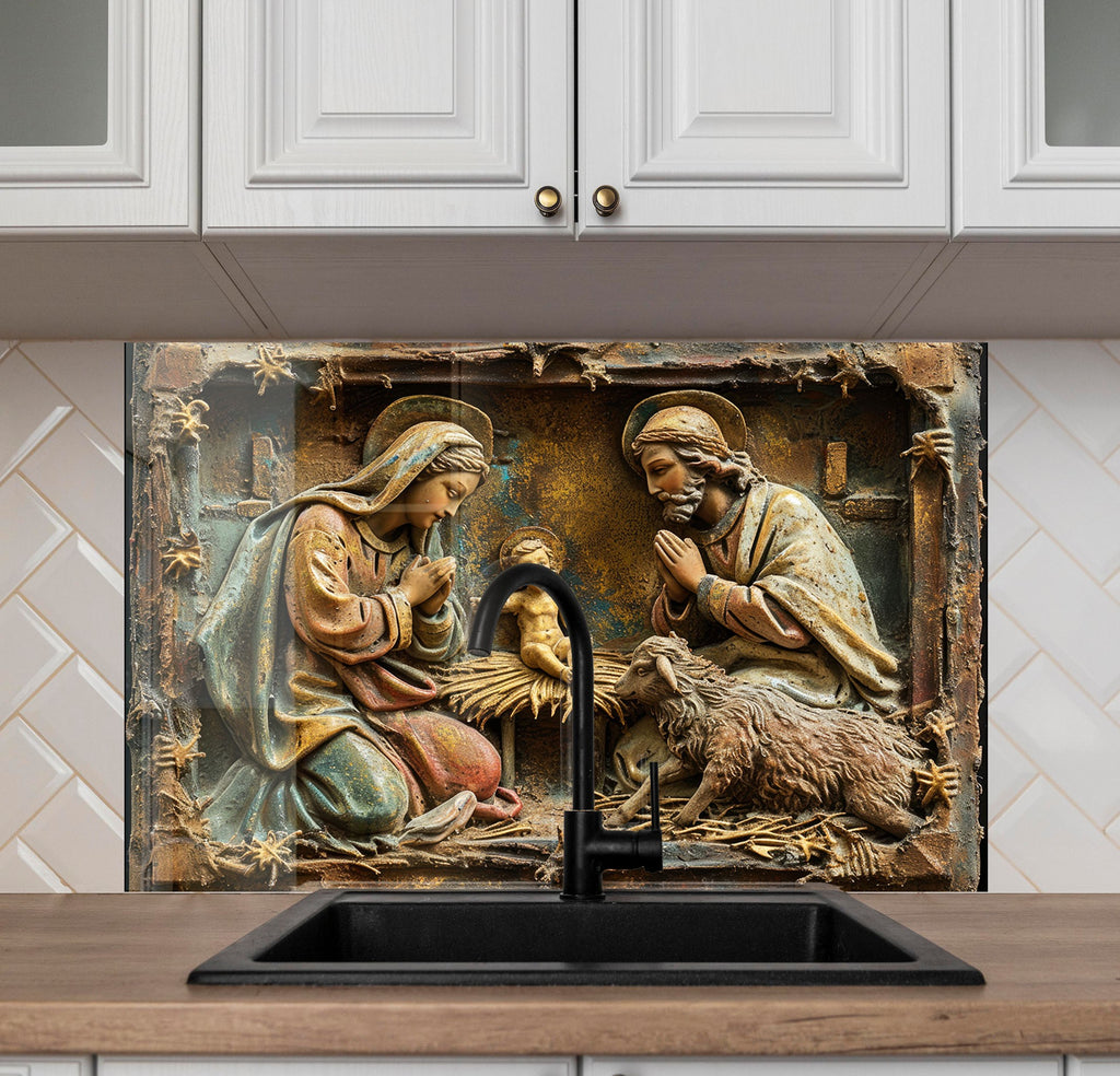 Holy Nativity Scene - Glass Kitchen Backsplash-BacksplashArtworks