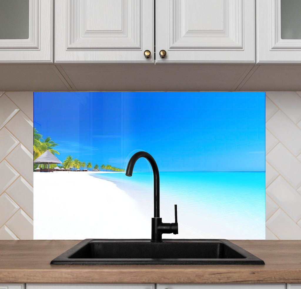 Tropical White Sand Beach Wall Art – Tempered Glass Bathroom Backsplash-BacksplashArtworks