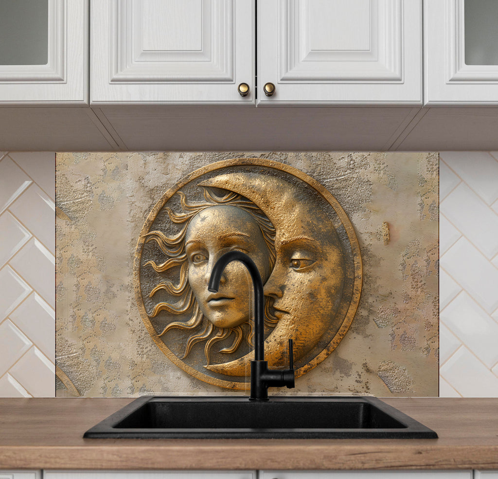 Moon & Sun Face Glass Kitchen Backsplash – Celestial Art Design-BacksplashArtworks