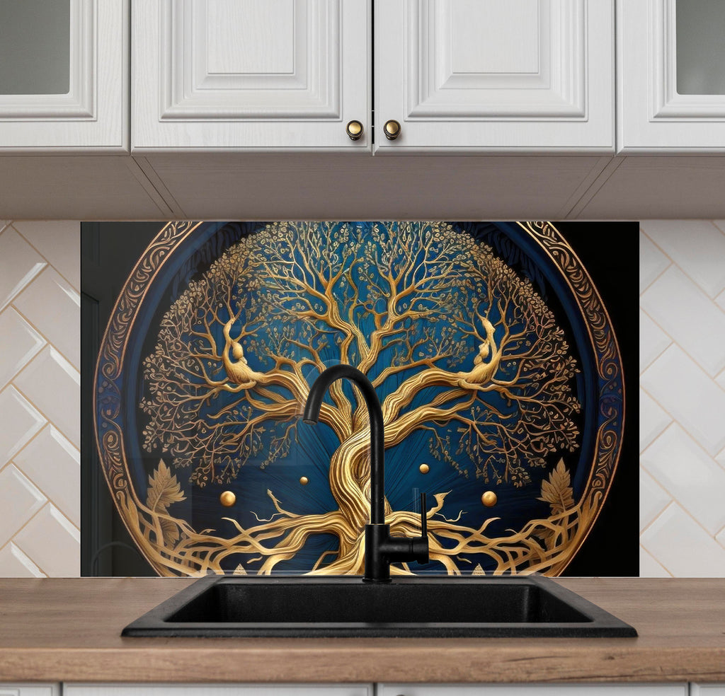 Golden Tree of Life - Tempered Glass Kitchen Backsplash-BacksplashArtworks