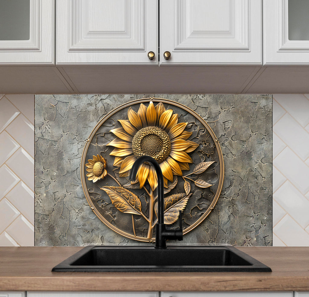 Rustic Sunflower Emblem - Glass Kitchen Backsplash-BacksplashArtworks
