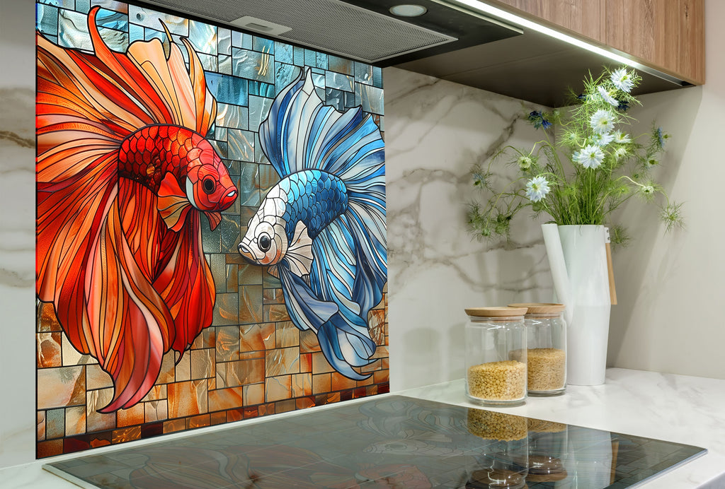 Mosaic Glass Kitchen Backsplash with Vibrant Fish Design-BacksplashArtworks