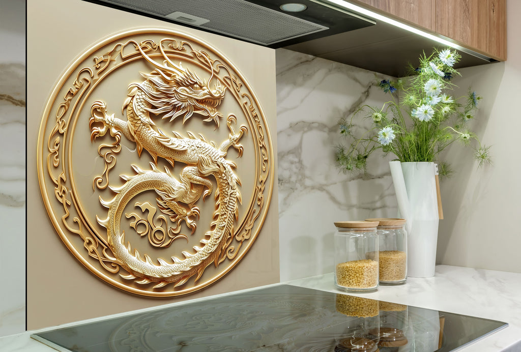 Golden Dragon - Glass Kitchen Backsplash-BacksplashArtworks