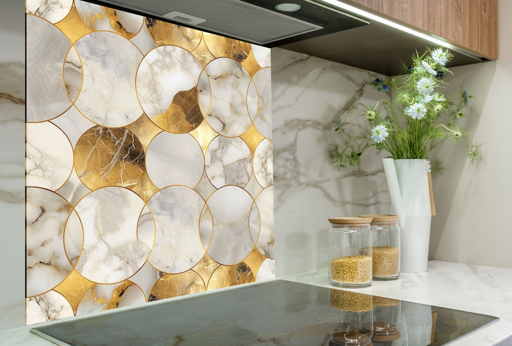 Gold Geometric Marble - Glass Kitchen Backsplash-BacksplashArtworks