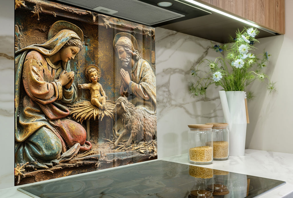 Holy Nativity Scene - Glass Kitchen Backsplash-BacksplashArtworks
