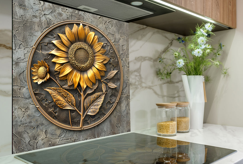 Rustic Sunflower Emblem - Glass Kitchen Backsplash-BacksplashArtworks