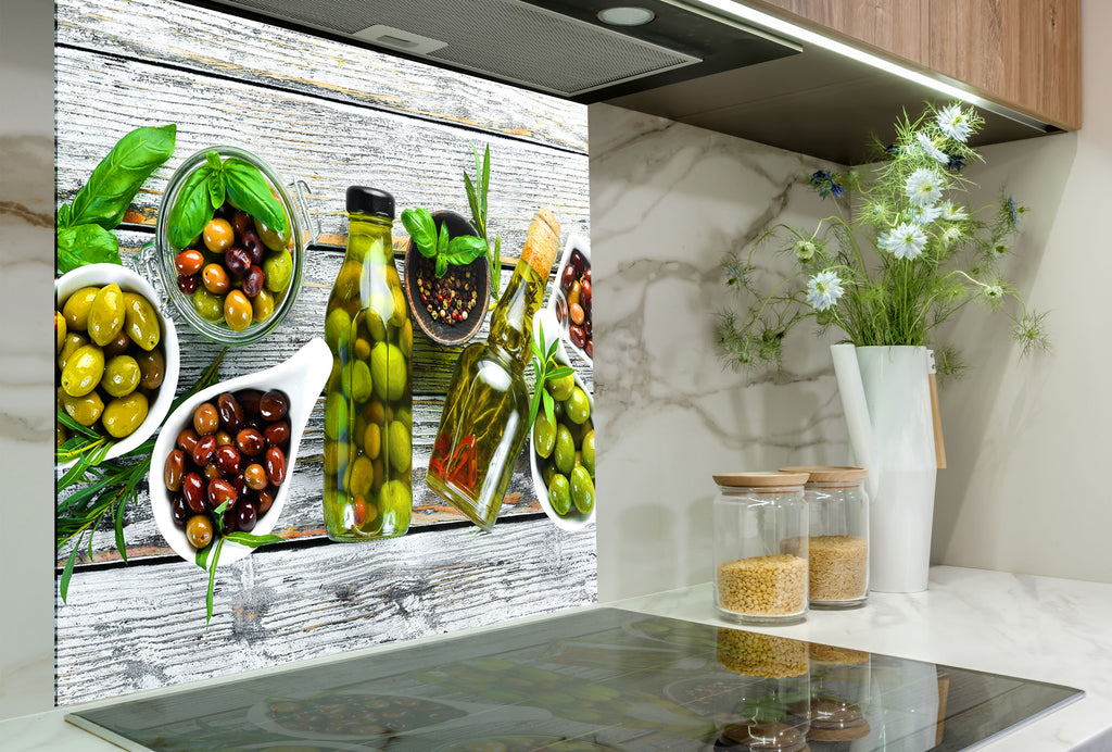 Olive-Themed Glass Kitchen Backsplash – Fresh and Flavorful Design-BacksplashArtworks