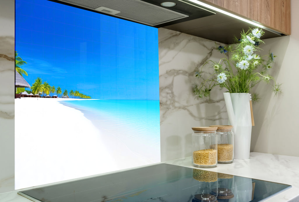 Tropical White Sand Beach Wall Art – Tempered Glass Bathroom Backsplash-BacksplashArtworks