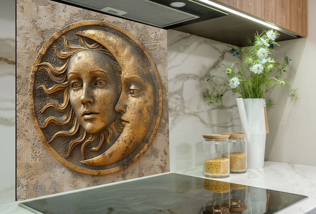 Moon & Sun Face Glass Kitchen Backsplash – Celestial Art Design-BacksplashArtworks