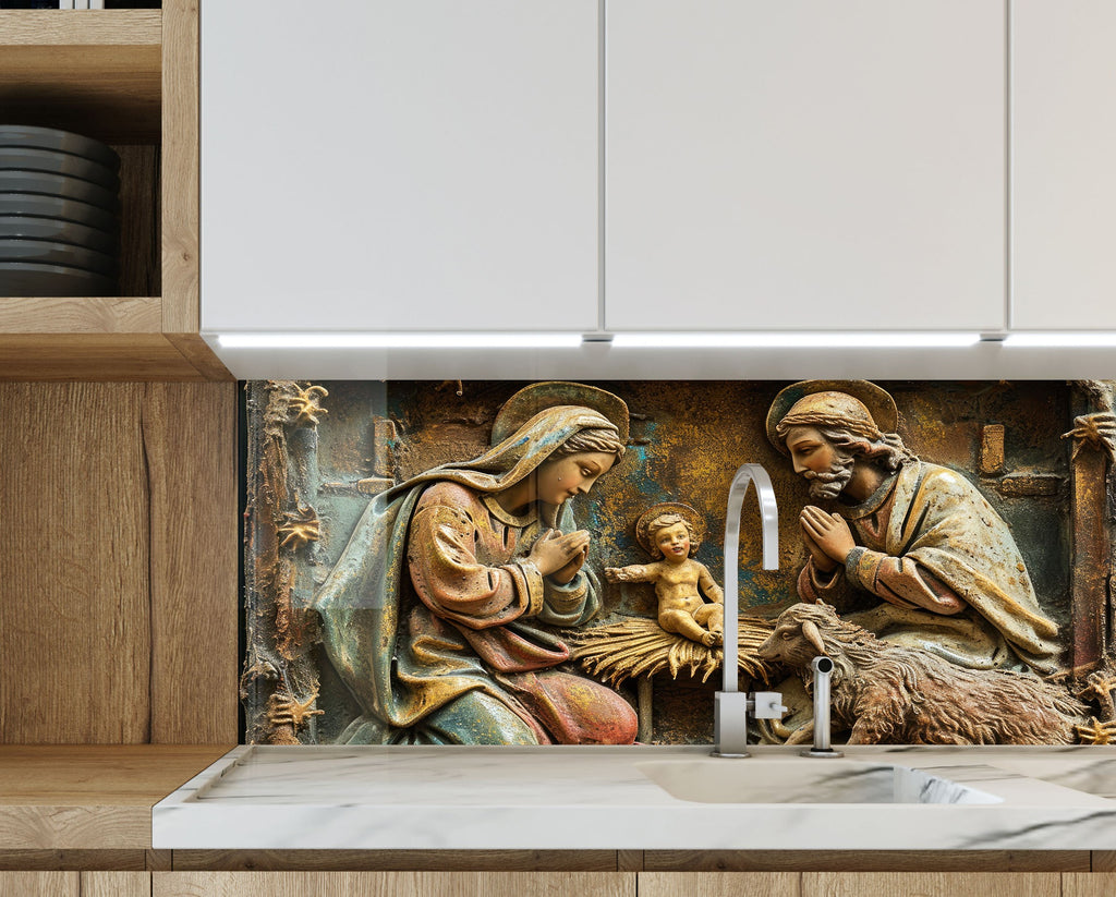 Holy Nativity Scene - Glass Kitchen Backsplash-BacksplashArtworks