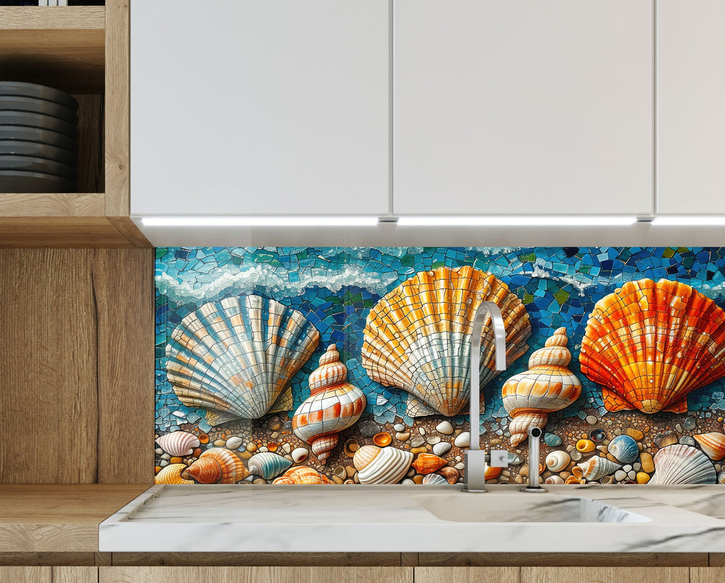 Mosaic Tempered Glass Kitchen Backsplash with Shell and Ocean Design-BacksplashArtworks