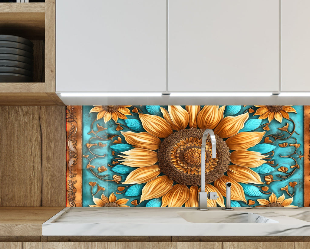 Rustic Sunflower Charm - Glass Kitchen Backsplash-BacksplashArtworks
