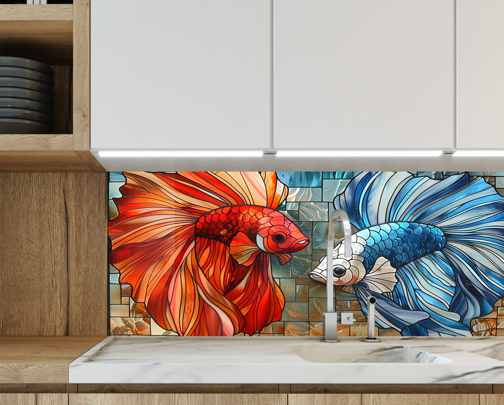 Mosaic Glass Kitchen Backsplash with Vibrant Fish Design-BacksplashArtworks