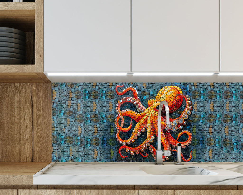 Mosaic Glass Kitchen Backsplash with Colorful Octopus Design-BacksplashArtworks
