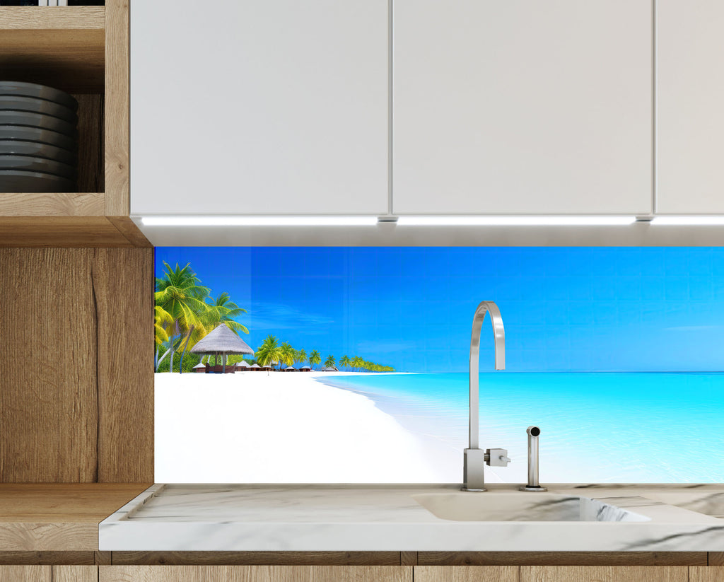 Tropical White Sand Beach Wall Art – Tempered Glass Bathroom Backsplash-BacksplashArtworks