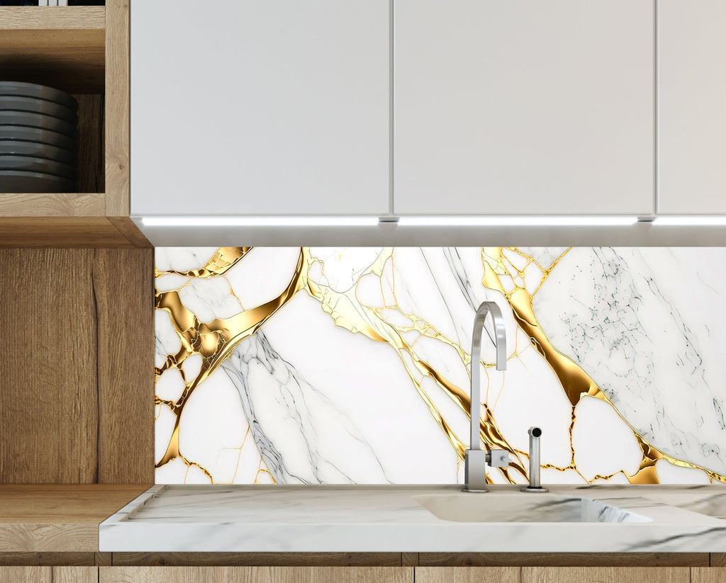 White & Gold Marble Elegance - Glass Kitchen Backsplash-BacksplashArtworks